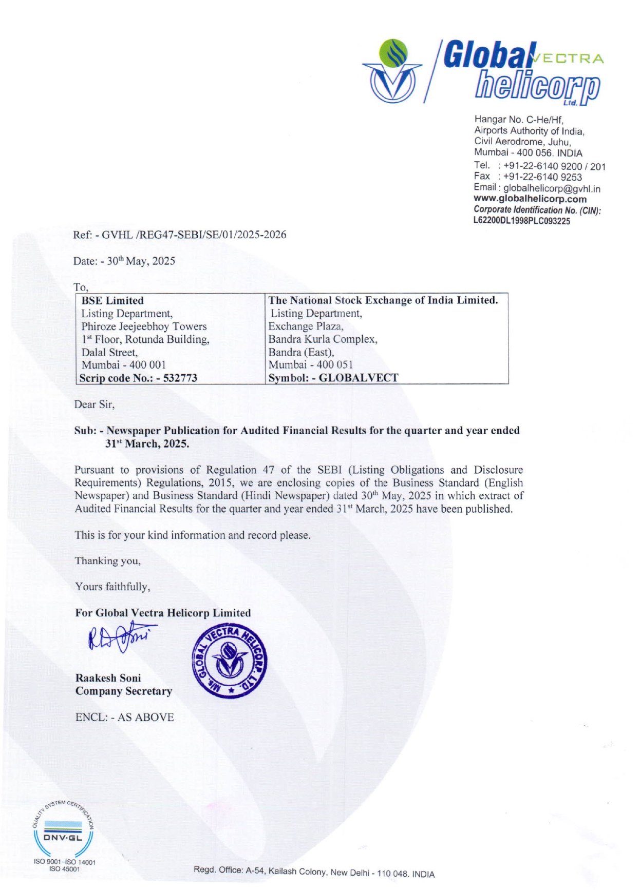 News Paper Publication of AFR for the quarter ended 31st March, 2025