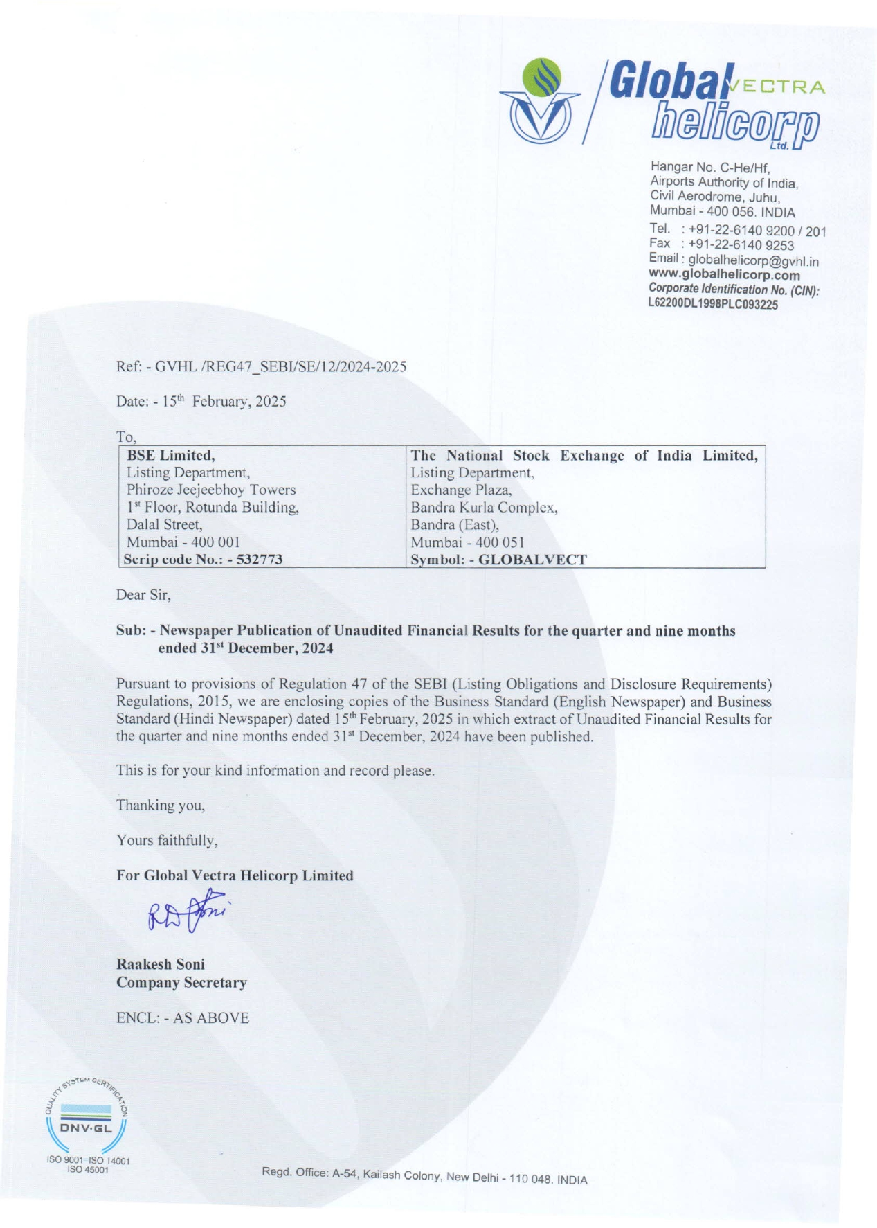 News Paper Publication of UFR for the quarter ended 31st December, 2024