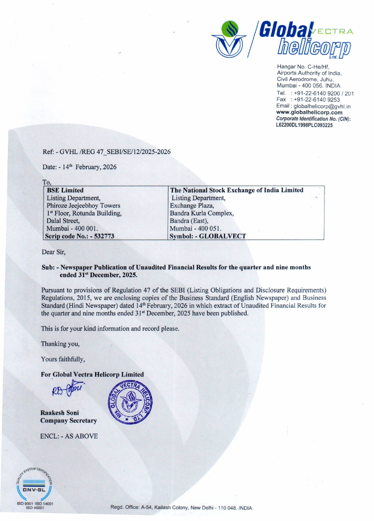 News Paper Publication of UFR for the quarter ended 31st December