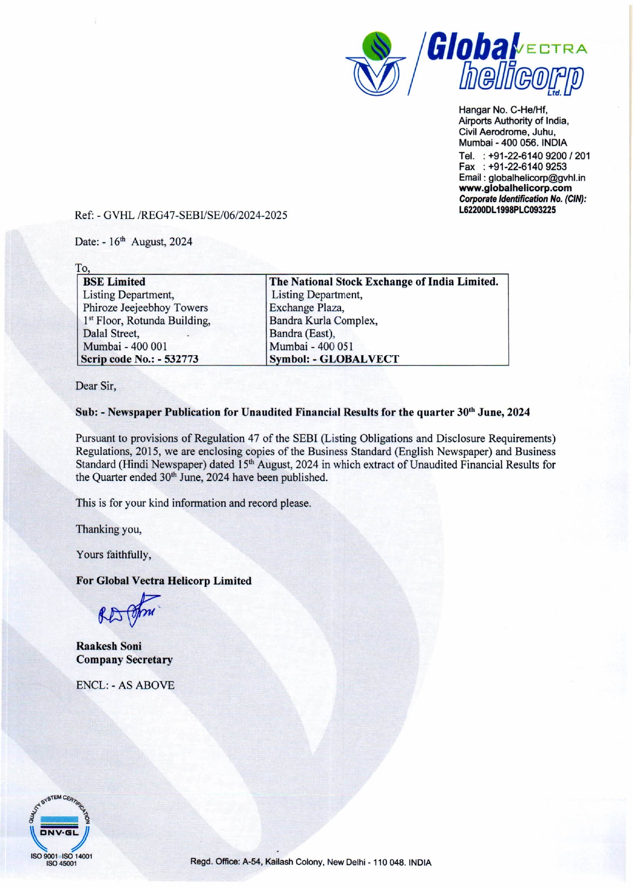 News Paper Publication of UFR for the quarter ended 30th June 2024