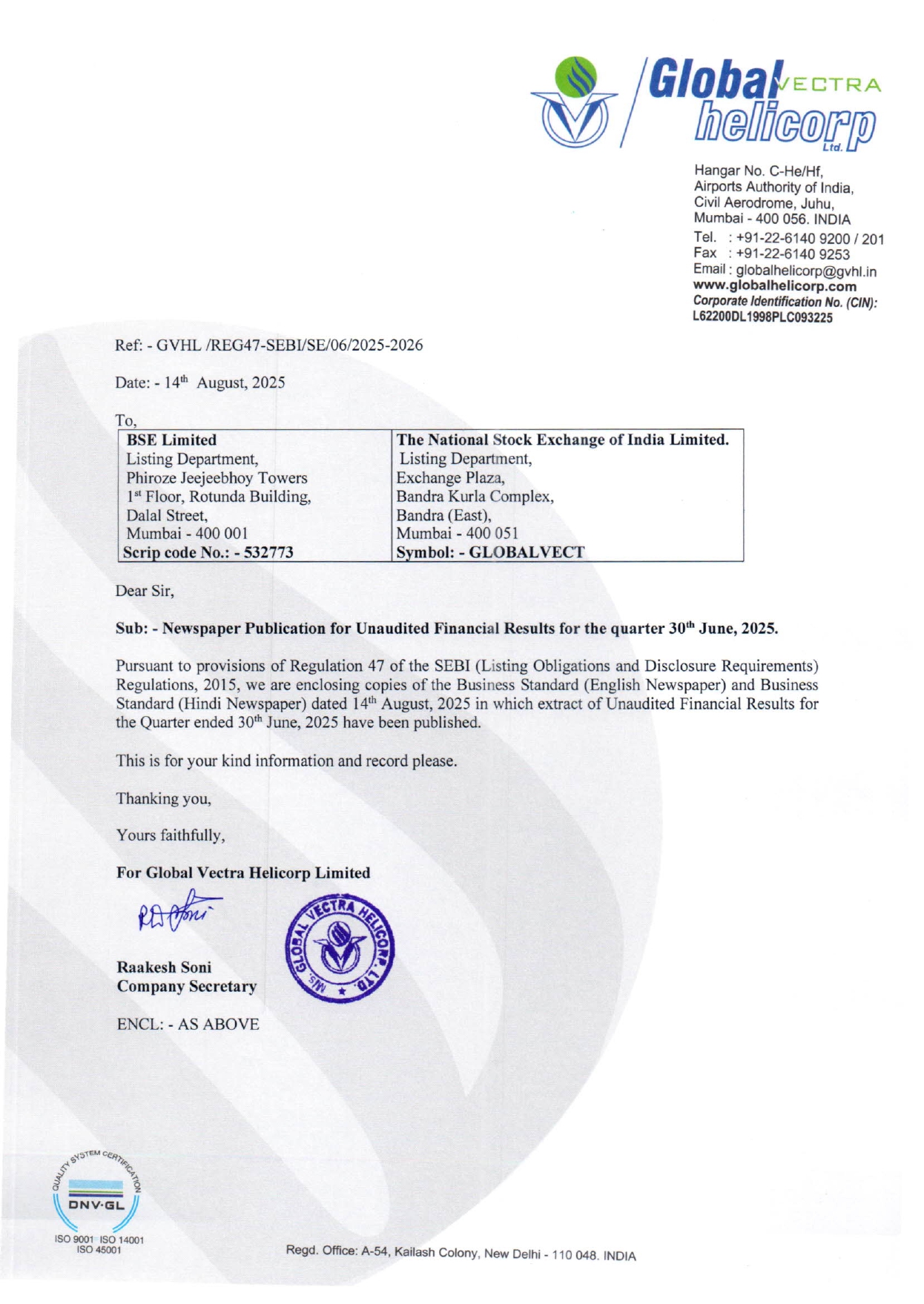 News Paper Publication of UFR for the quarter ended 30th June, 2025