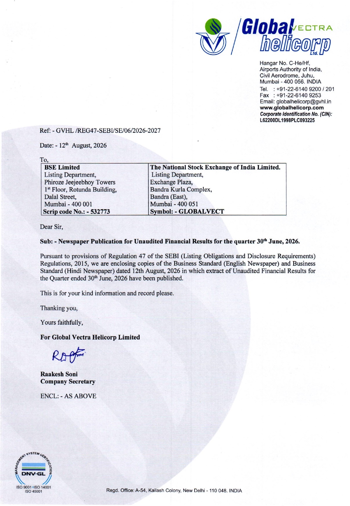 News Paper Publication of UFR for the quarter ended 30th June, 2026