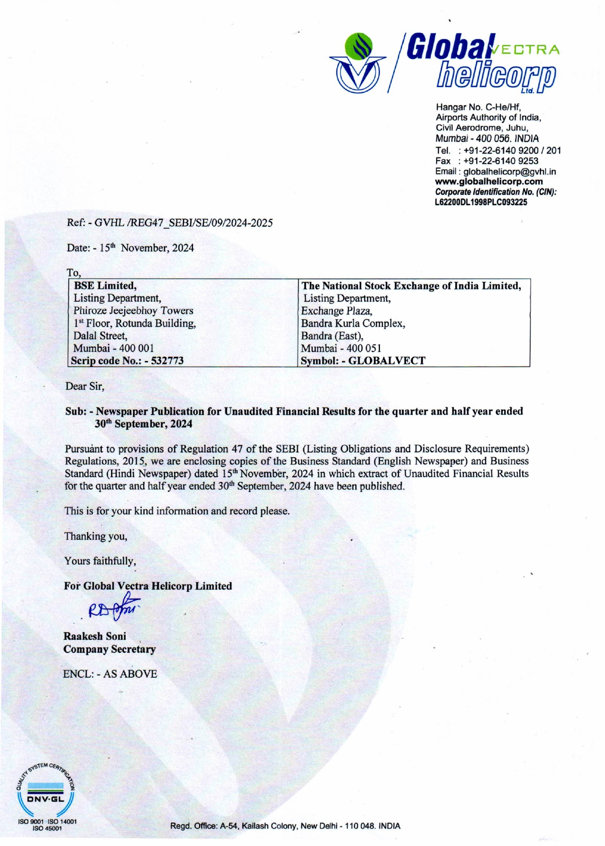 News Paper Publication of UFR for the quarter ended 30th September 2024