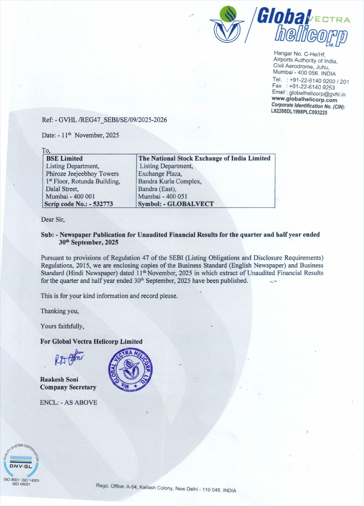 News Paper Publication of UFR for the quarter ended 30th September 2025