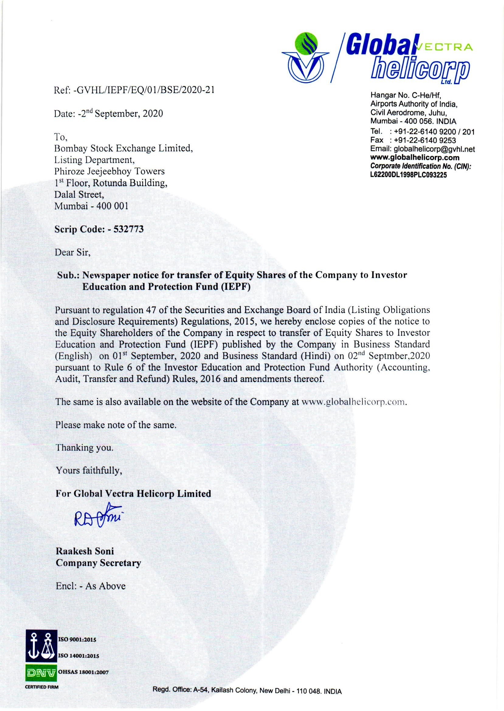 News Paper Publication for Transfer for Shares to IEPF
